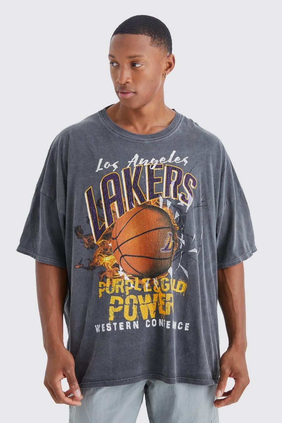 T-Shirt mit Acid-Waschung und La Lakers Nba Print, Grey gris
