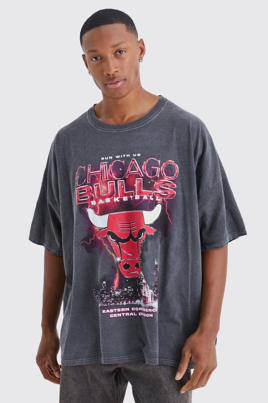 T-Shirt mit Acid-Waschung und lizenziertem Chicago Bulls Nba Print, Grey