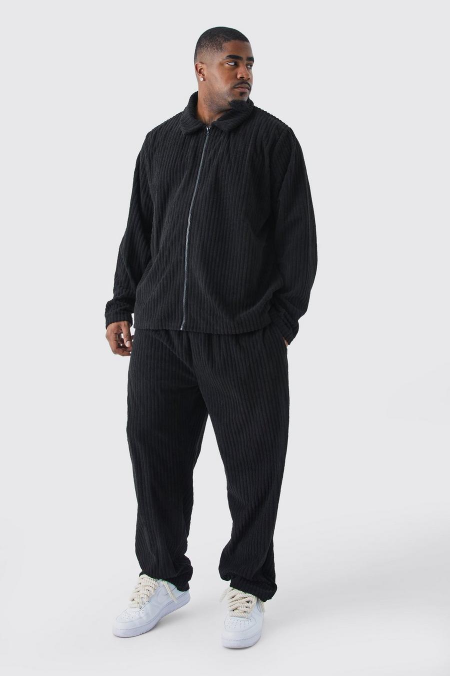 Set Plus Size giacca Harrington in ciniglia a coste & pantaloni, Black negro