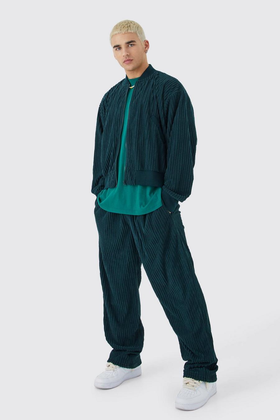 Conjunto de pantalón con cintura holgada y chaqueta bomber recta de canalé y chenilla, Khaki image number 1