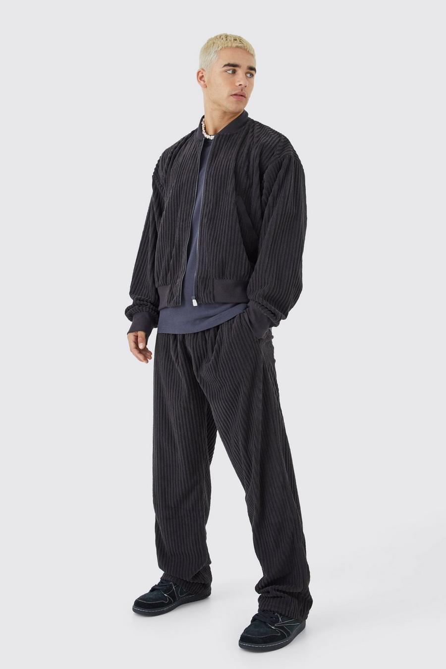 Conjunto de pantalón con cintura holgada y chaqueta bomber recta de canalé y chenilla, Charcoal image number 1