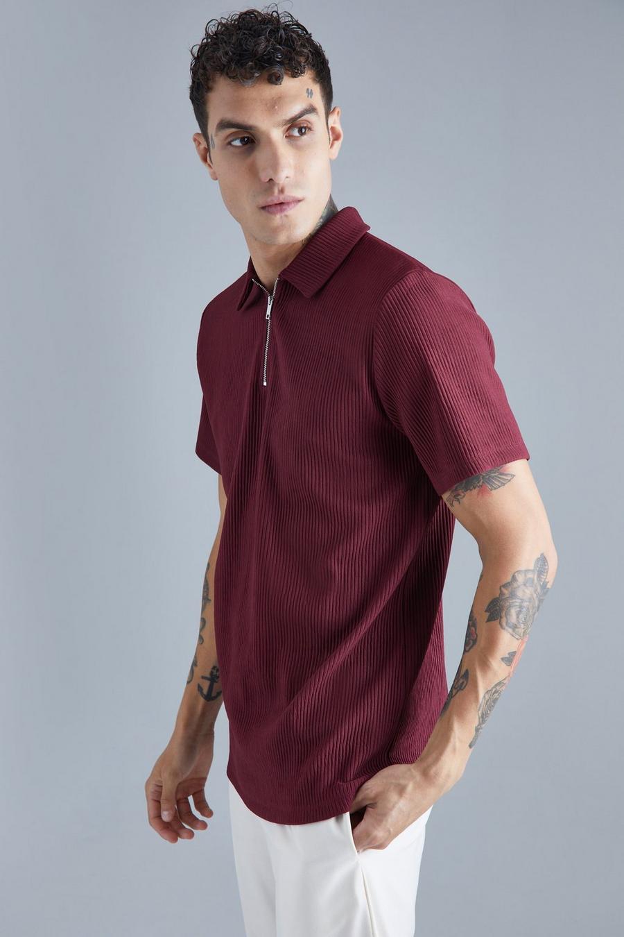 Burgundy Heavy Pleated Zip Neck Polo image number 1