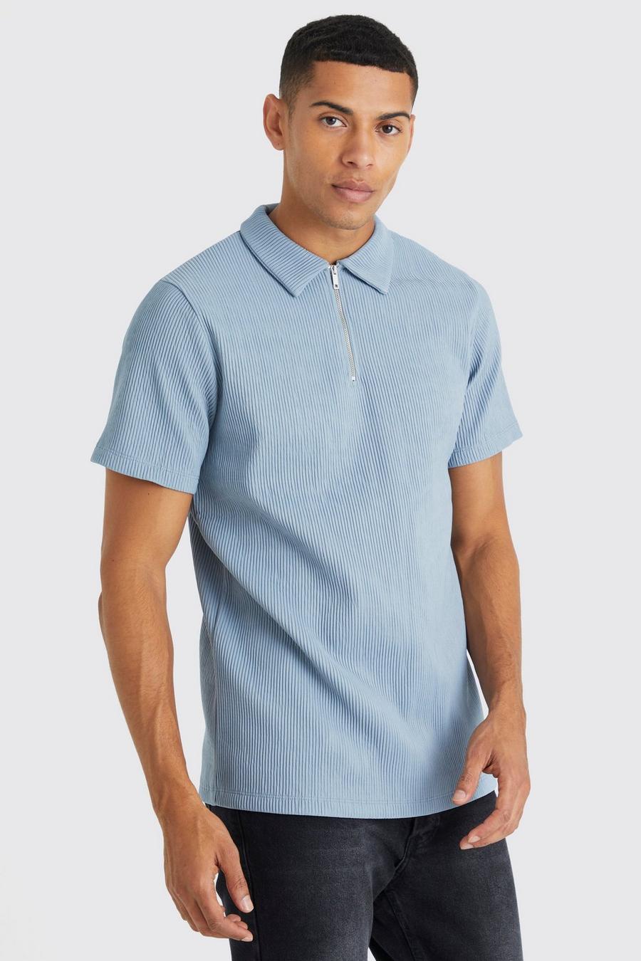 Blue Heavy Pleated Zip Neck Polo image number 1