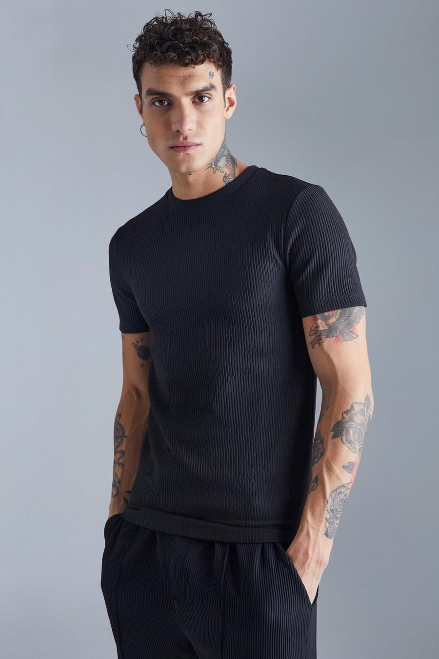 Black Heavy Pleated Muscle T Shirt