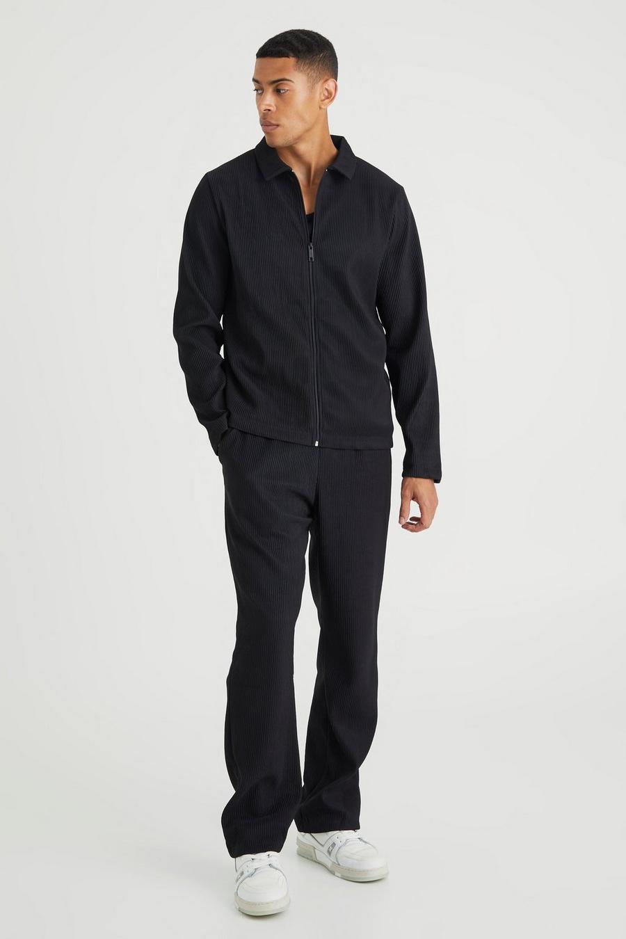 Black Heavy Pleated Overshirt & Trouser Set image number 1