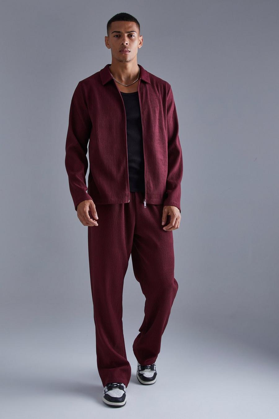 Burgundy Heavy Pleated Overshirt & Trouser Set image number 1