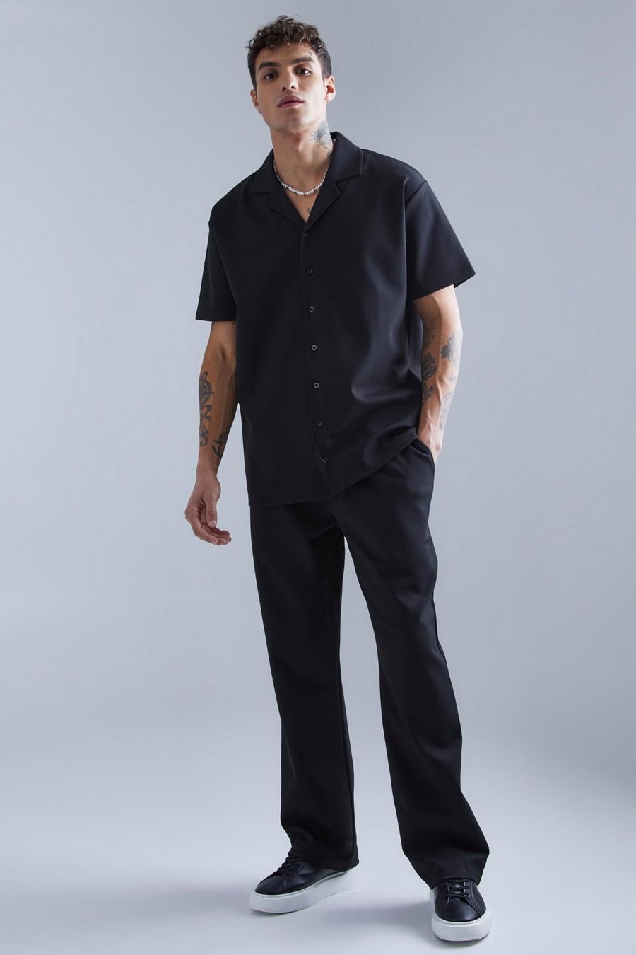 Conjunto de pantalón y camisa de tela jersey gruesa con solapas, Black image number 1