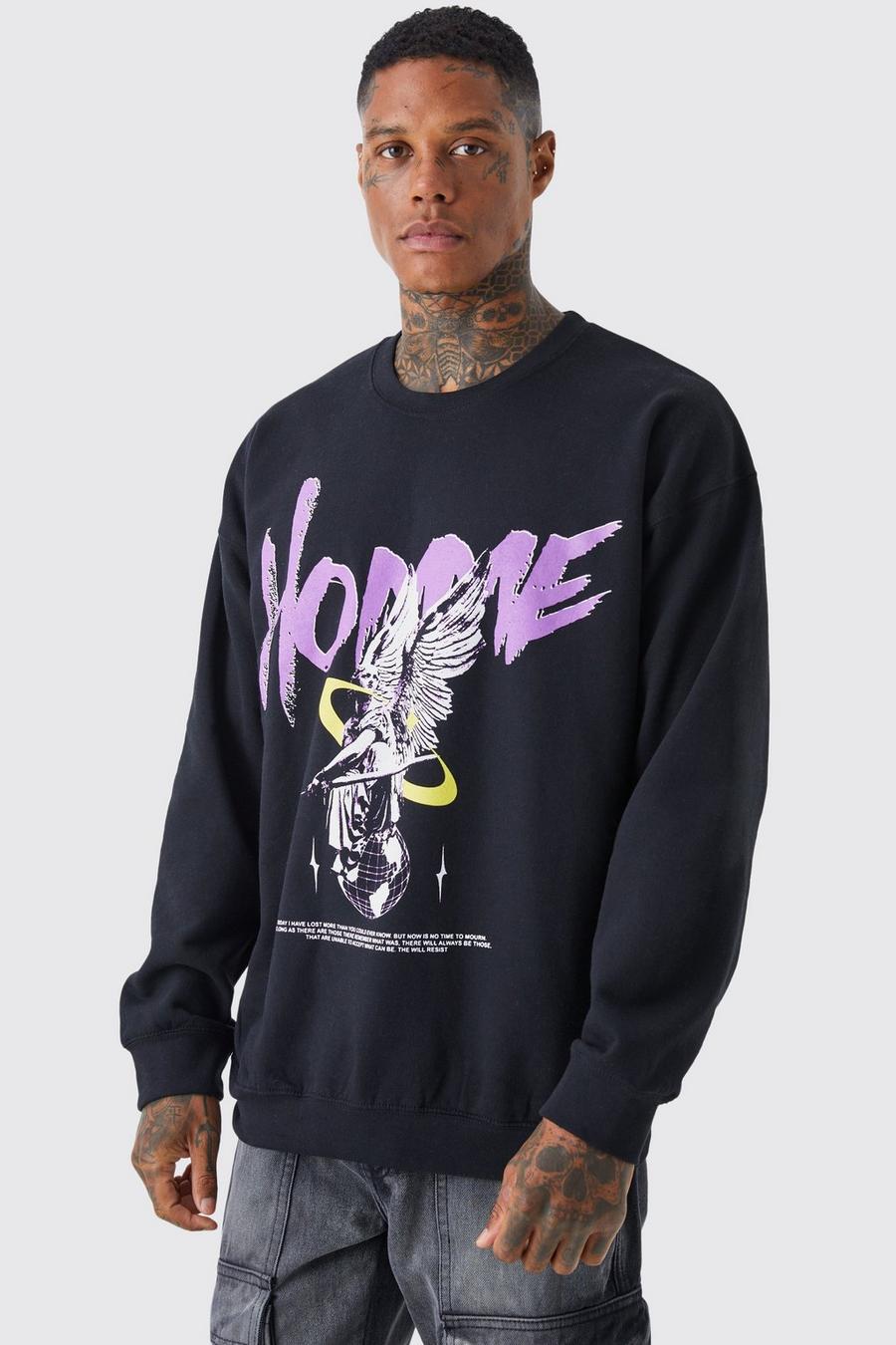 Black Homme Oversize sweatshirt med grafiskt tryck image number 1
