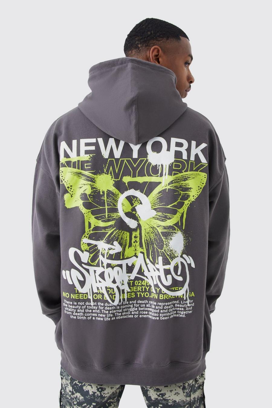 Charcoal grå Oversized New York Butterfly Hoodie