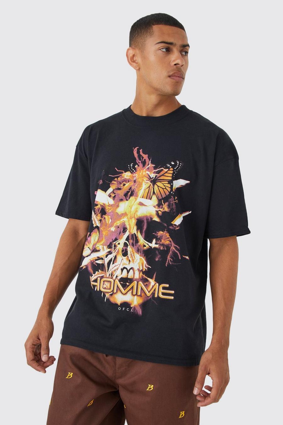 Camiseta oversize con estampado gráfico Homme de calavera, Black image number 1