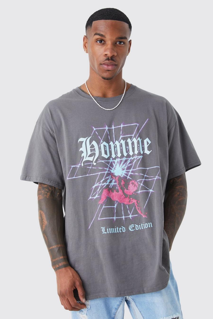 Camiseta oversize con estampado gráfico Homme, Charcoal