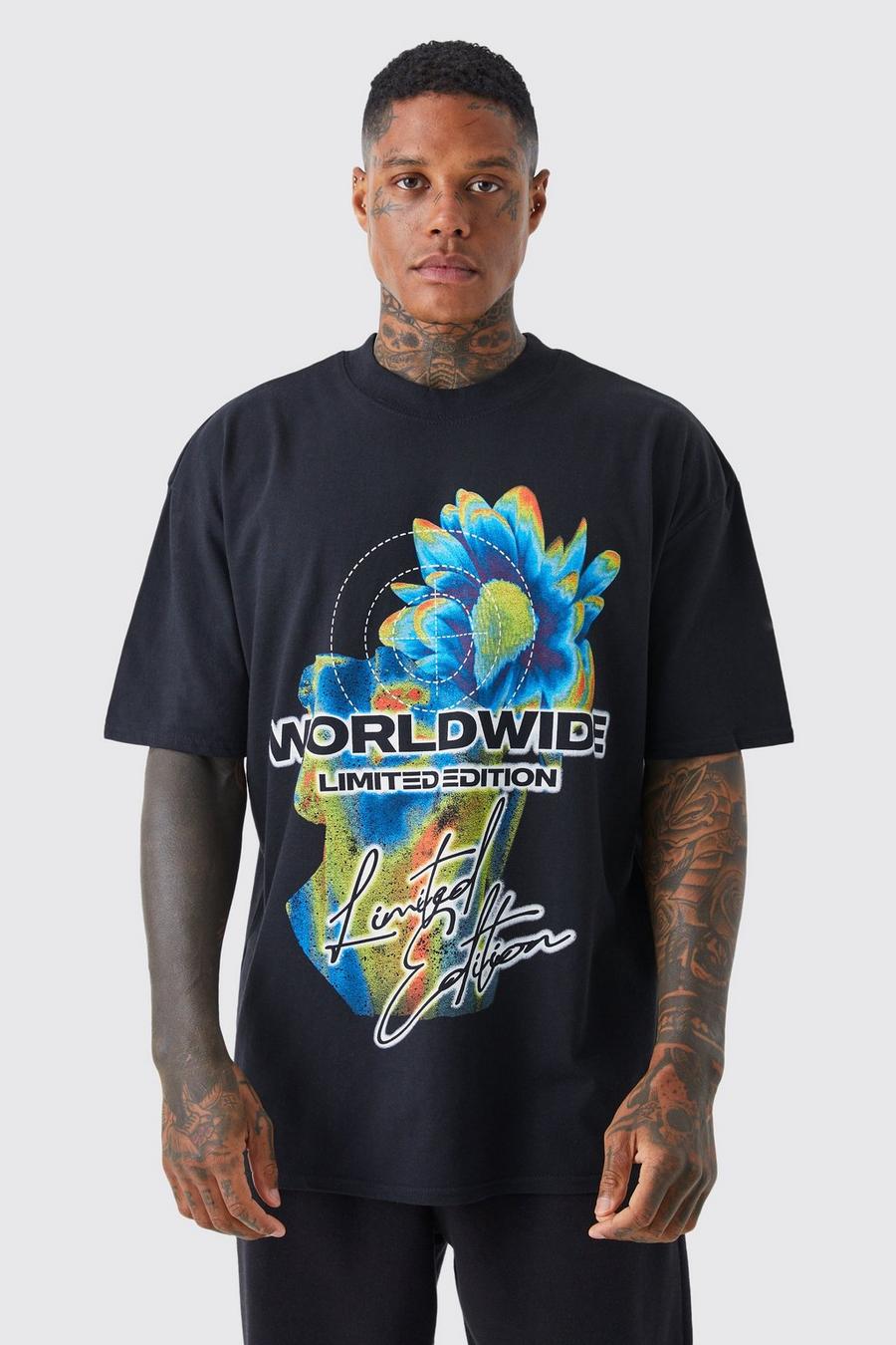 Camiseta oversize con estampado gráfico Worldwide, Black negro