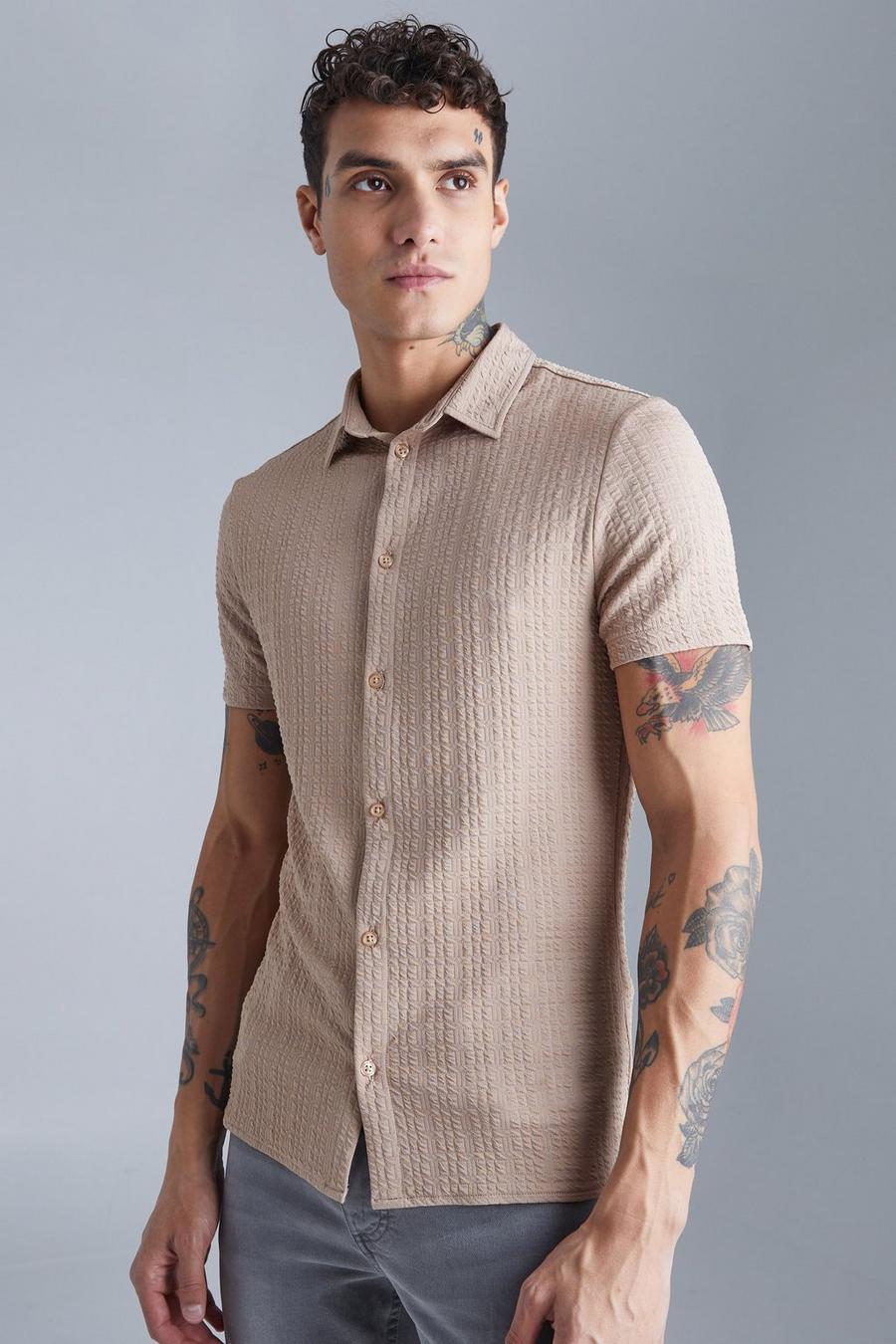 Taupe beige Short Sleeve Textured Compression Shirt