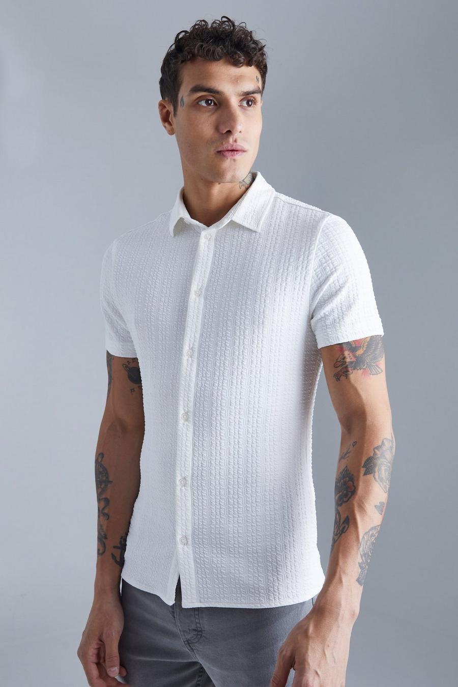 White Muscle Fit Overhemd Met Textuur En Korte Mouwen image number 1