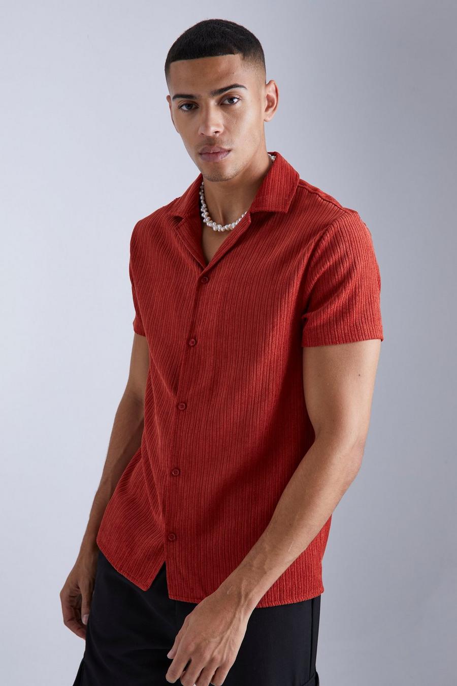 Red rojo Short Sleeve Textured Flat Rib Shirt