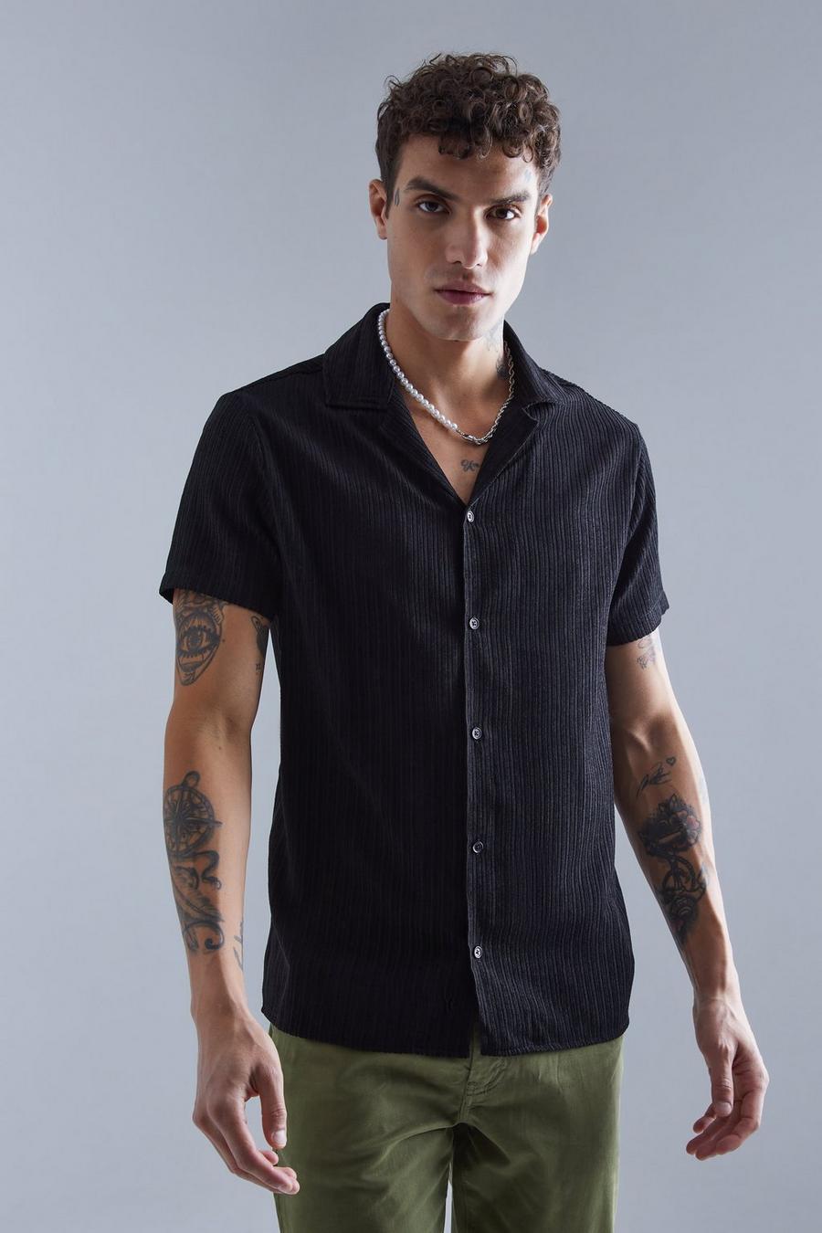 Camisa texturizada de manga corta y canalé plano, Black