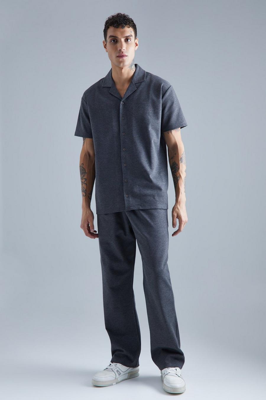 Charcoal Heavy Jersey Knit Revere Shirt And Pants Set image number 1