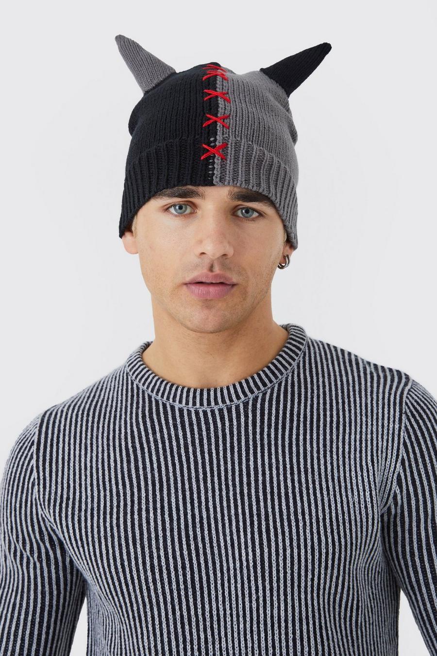 Black Contrast Stitch Detail Ear Beanie image number 1