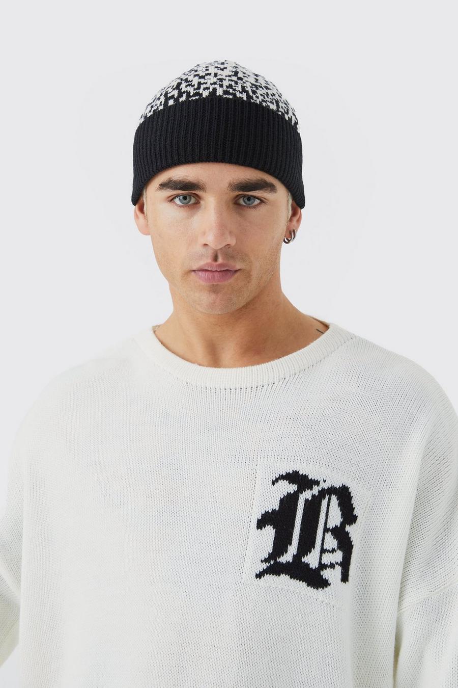 Black Patterned Turn Up Beanie image number 1