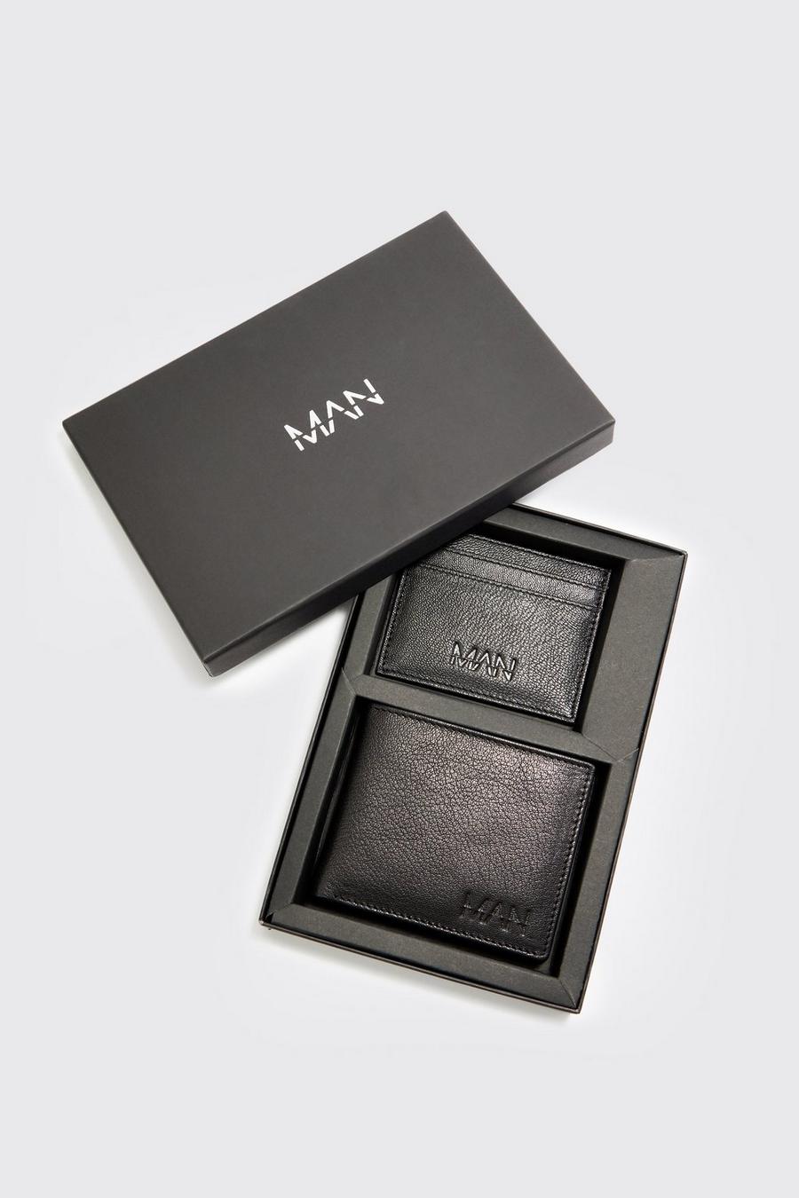 Black svart Real Leather Wallet And Cardholder Gift Set