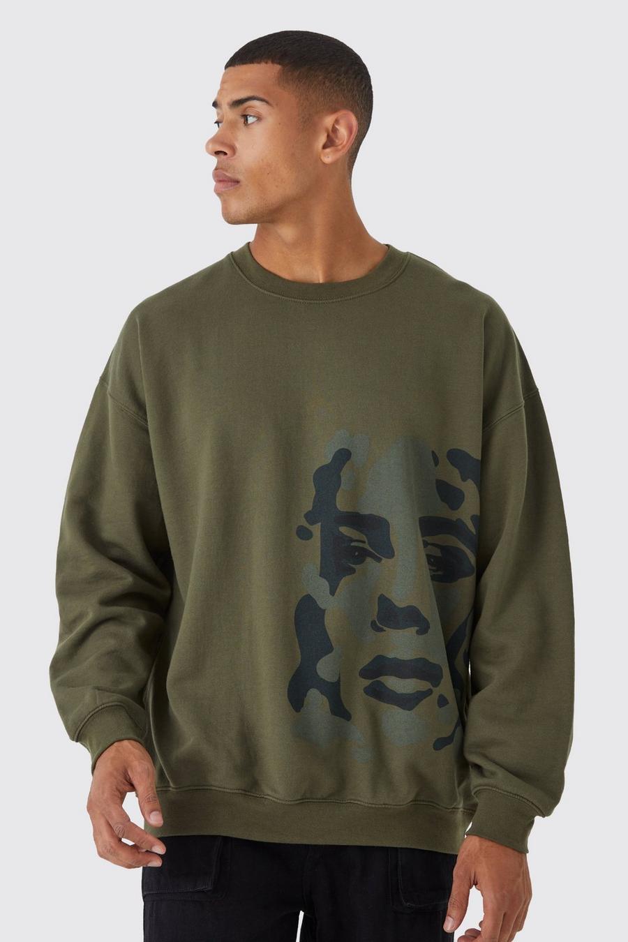 Khaki Oversized Face Graphic Sweatshirt