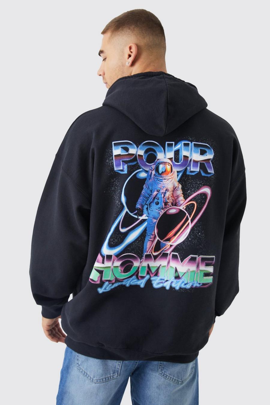 Black Oversized Astronaut Graphic Hoodie image number 1