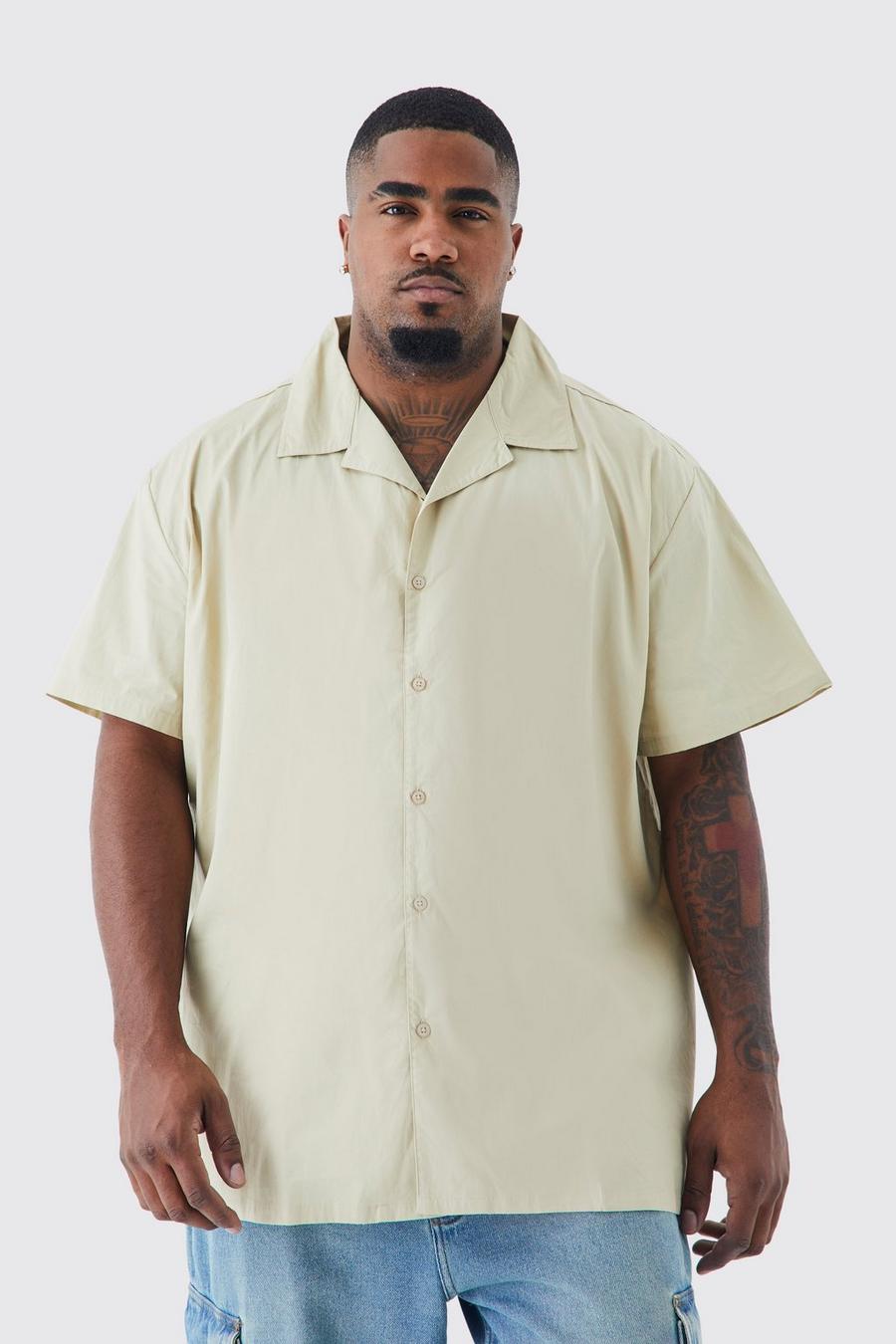 Camicia Plus Size oversize a maniche corte in popeline effetto vellutato con rever, Stone
