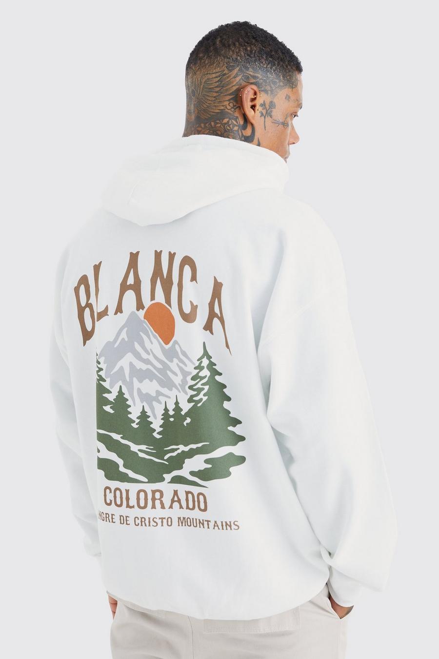 Felpa oversize con grafica Colorado Mountains e cappuccio, White blanco