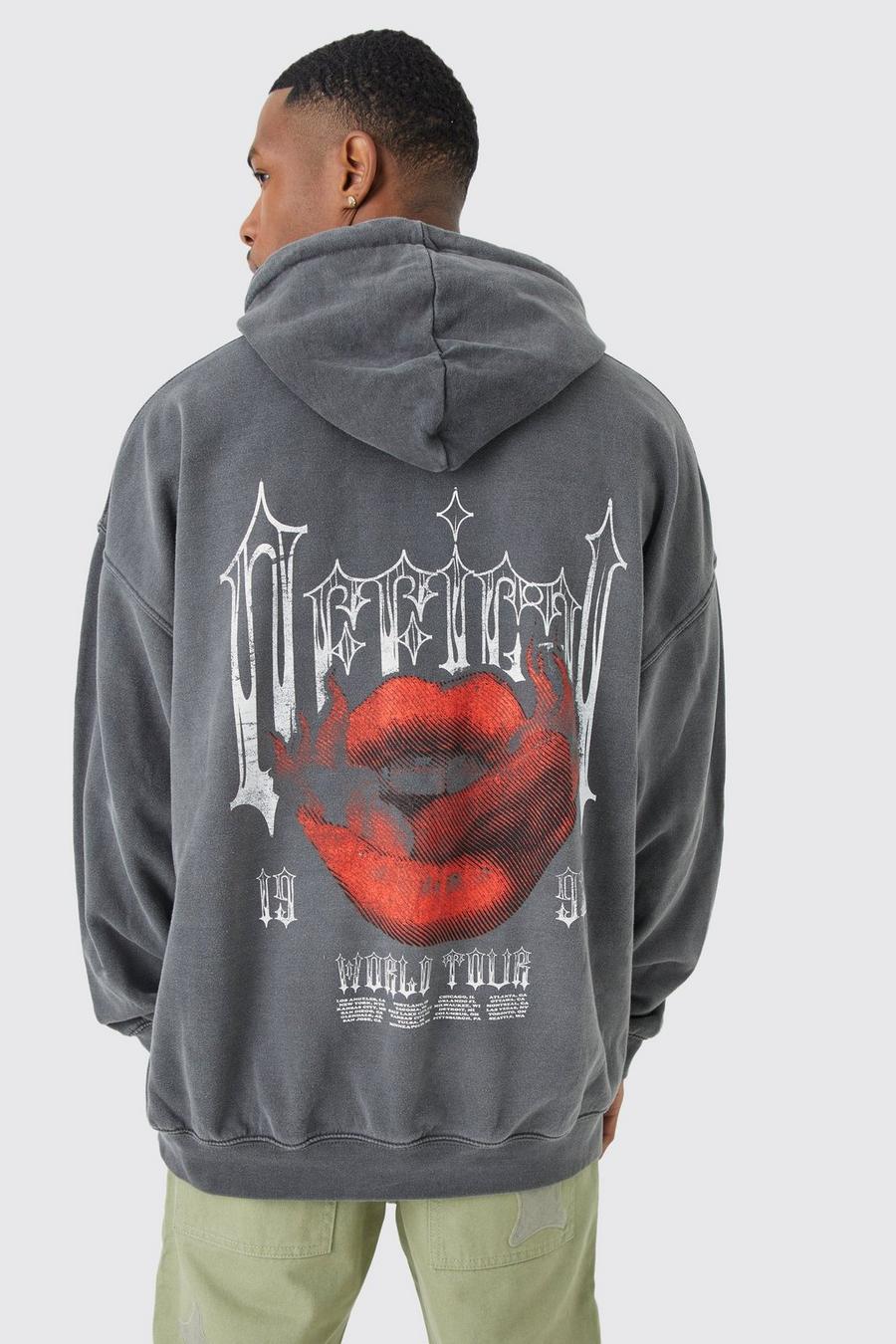 Charcoal grå Oversized Overdyed Gothic Lips Graphic Hoodie
