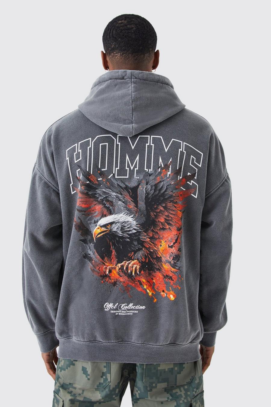 Charcoal grey Oversized Overdye Homme Eagle Graphic Hoodie