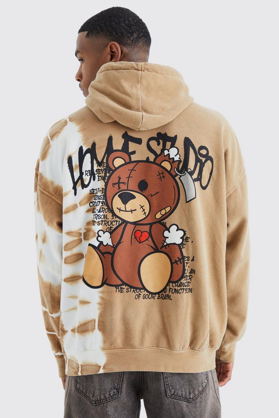 Sand Oversized Bleached Teddy Graphic Hoodie image number 1
