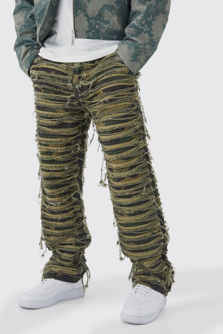 Khaki Relaxed Heavily Distressed Camo Trouser