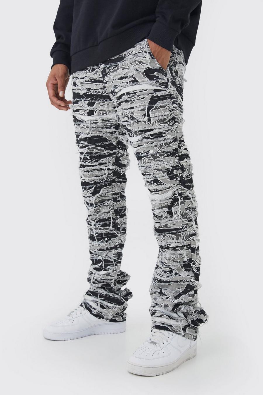 Charcoal Slim Stacked Flare Heavily Distressed Camo Pants
