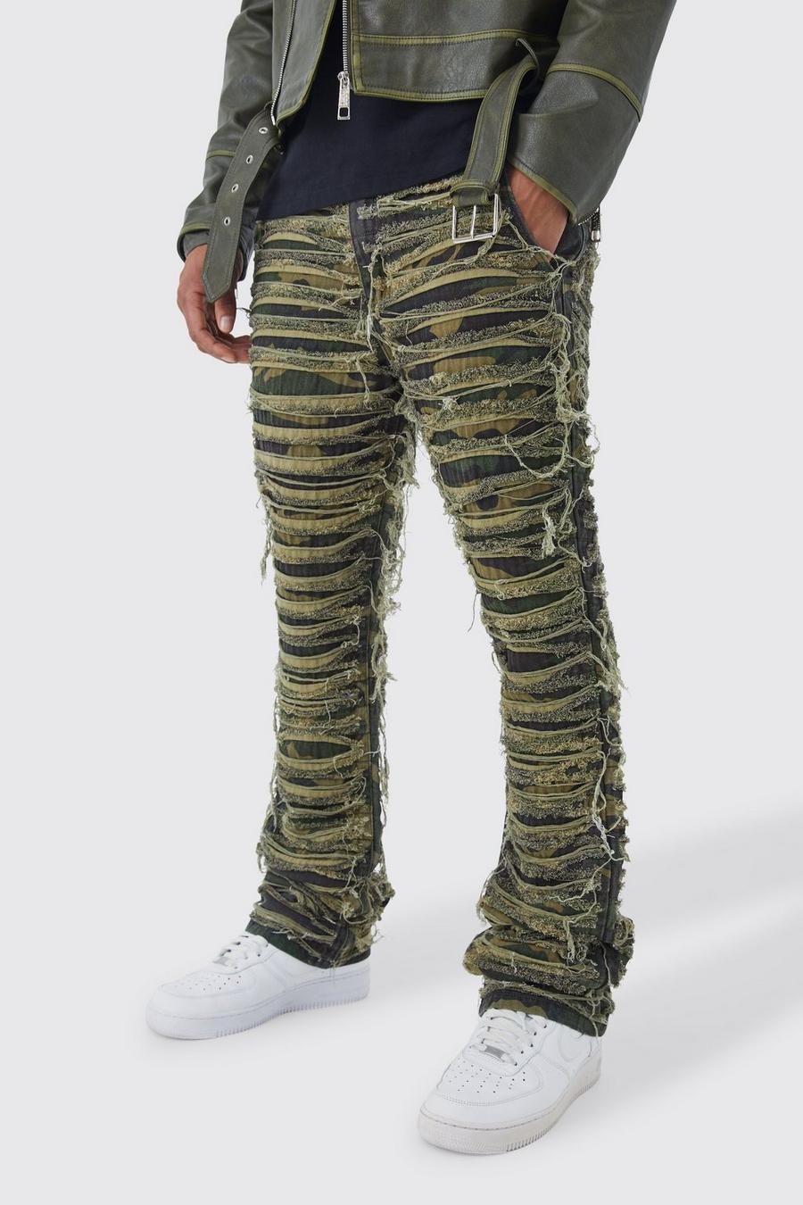 Khaki Slim Stacked Flare Heavily Distressed Camo Trouser image number 1