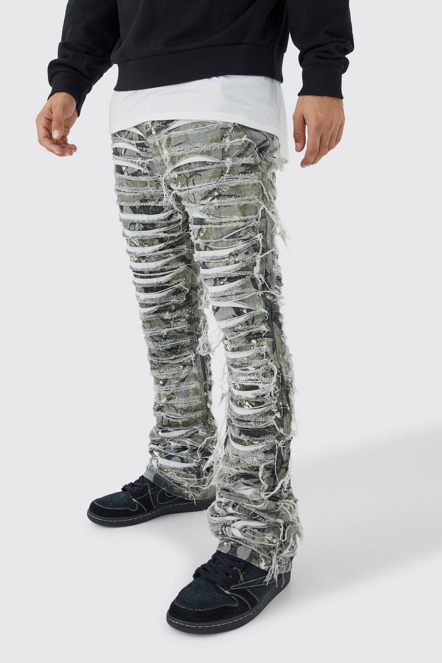 Pantaloni a zampa Slim Fit in fantasia militare con smagliature pesanti, Khaki image number 1