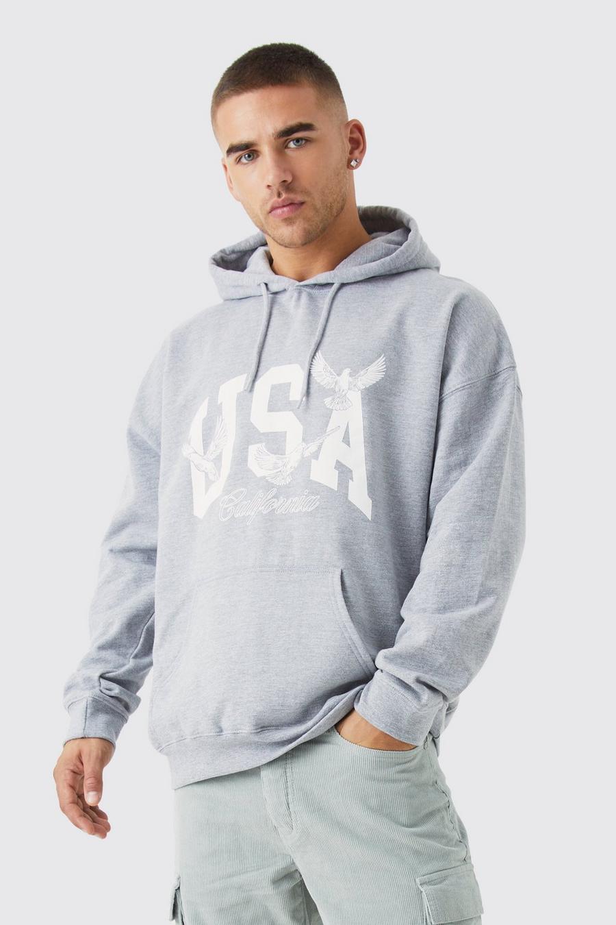 Grey marl gris Oversized Usa Graphic Hoodie