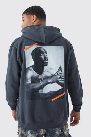 Charcoal Grey Oversized Tupac Word Print License Hoodie