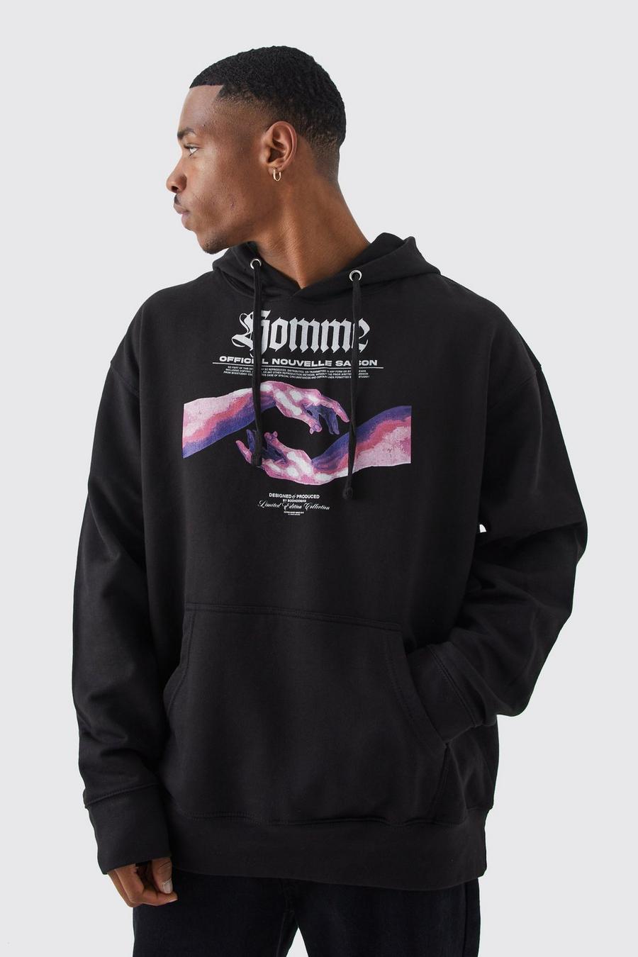 Black Homme Oversize hoodie med grafiskt tryck image number 1