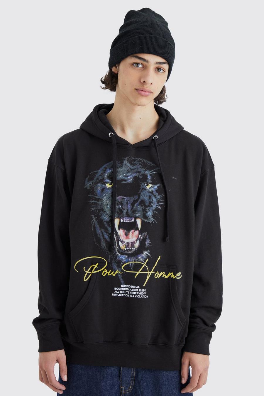 Black Oversized Leopard Graphic Hoodie image number 1