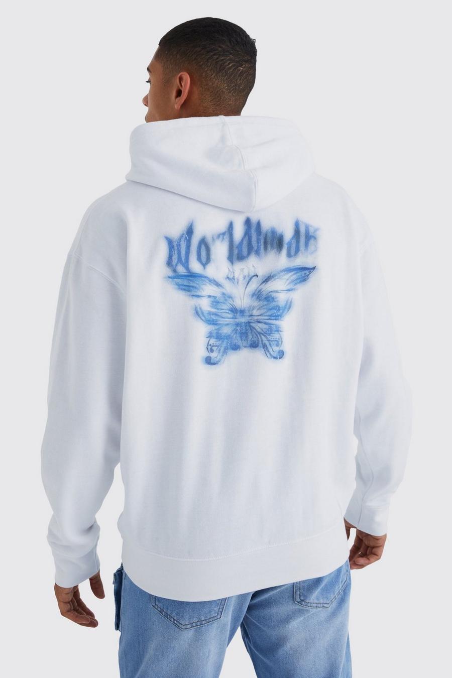 White Oversize hoodie med grafiskt tryck och fjärilar image number 1