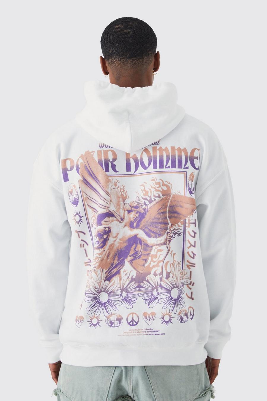 White vit Oversized Floral Cupid Back Graphic Hoodie