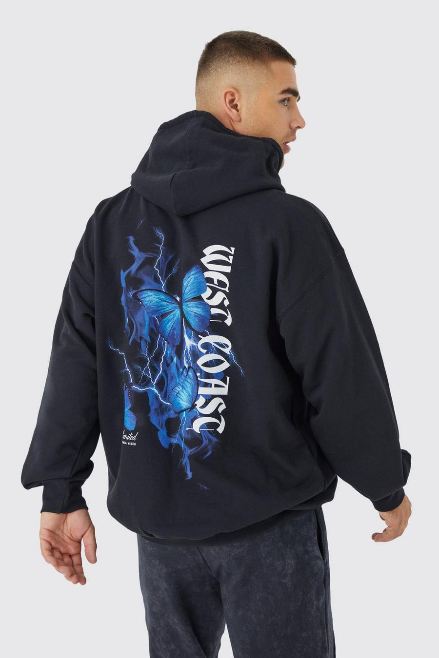 Black Oversized Butterfly Back Graphic Hoodie