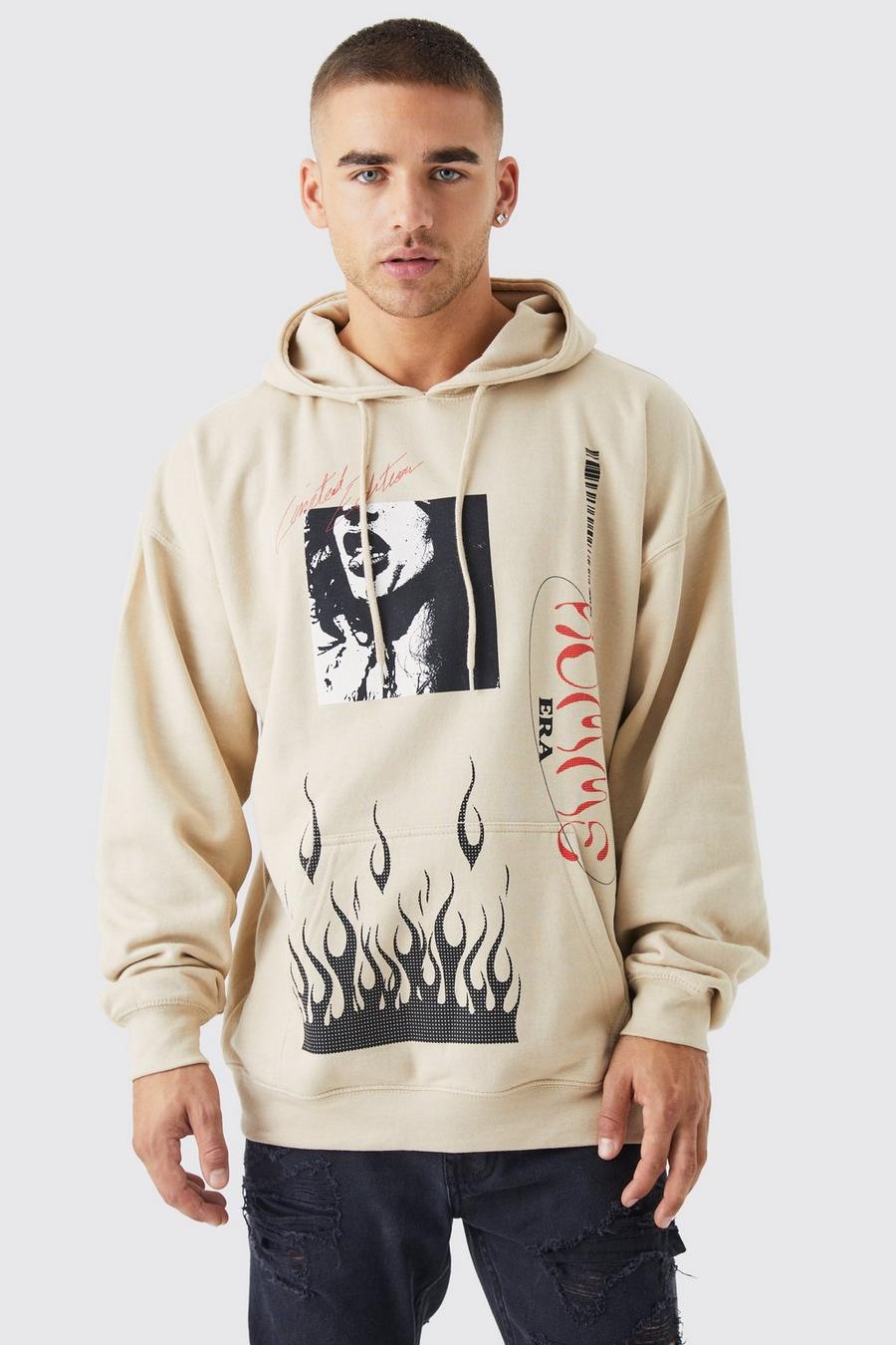 Sand beige Oversized Flame Multi Placement Hoodie