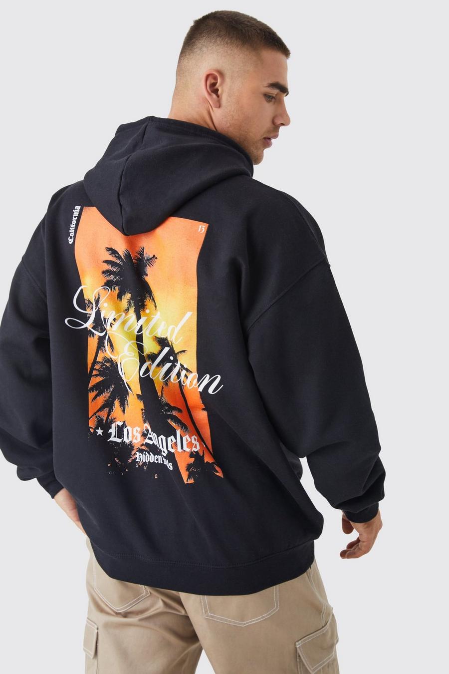 Black Oversized Extended Neck Palm Graphic Hoodie