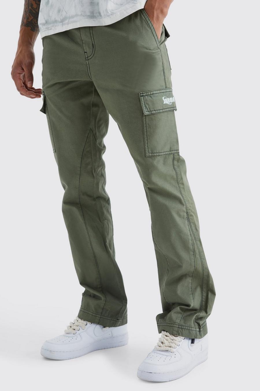 Men's Slim Flare Gusset Contrast Stitch Cargo Trouser | Boohoo UK