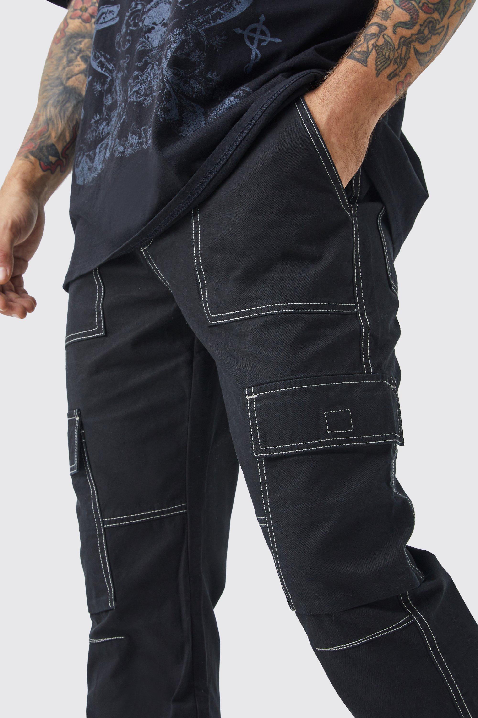 Elastic Waist Slim Flare Contrast Stitch Cargo Trouser