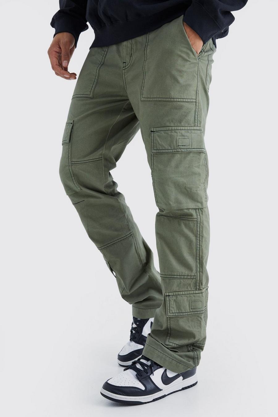 Pantaloni Cargo Slim Fit a zampa con cuciture a contrasto, Khaki image number 1
