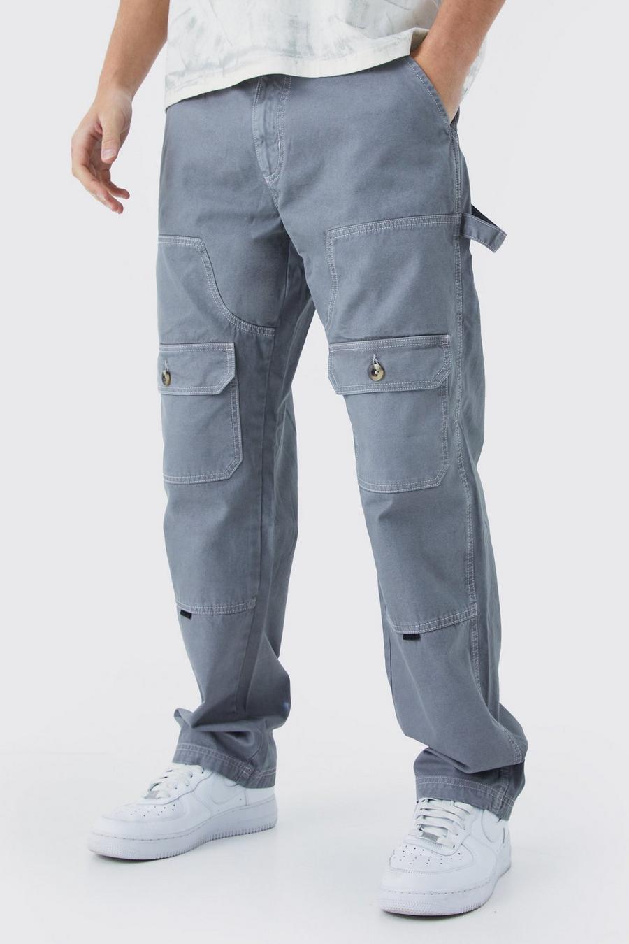 Charcoal Relaxed Carpenter Cargo Contrast Stitch Trouser image number 1