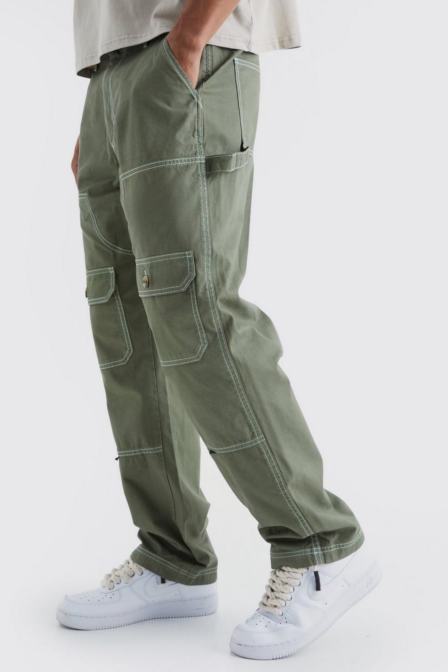 Pantalón holgado cargo estilo carpintero con costuras en contraste, Khaki image number 1