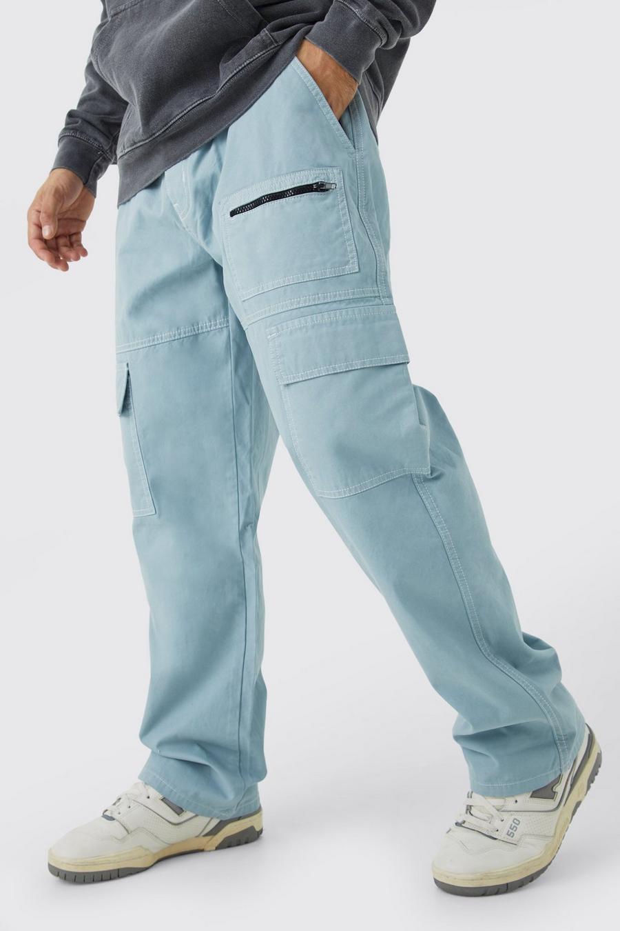 Slate Relaxed Multi Cargo Pocket Contrast Stitch Trouser